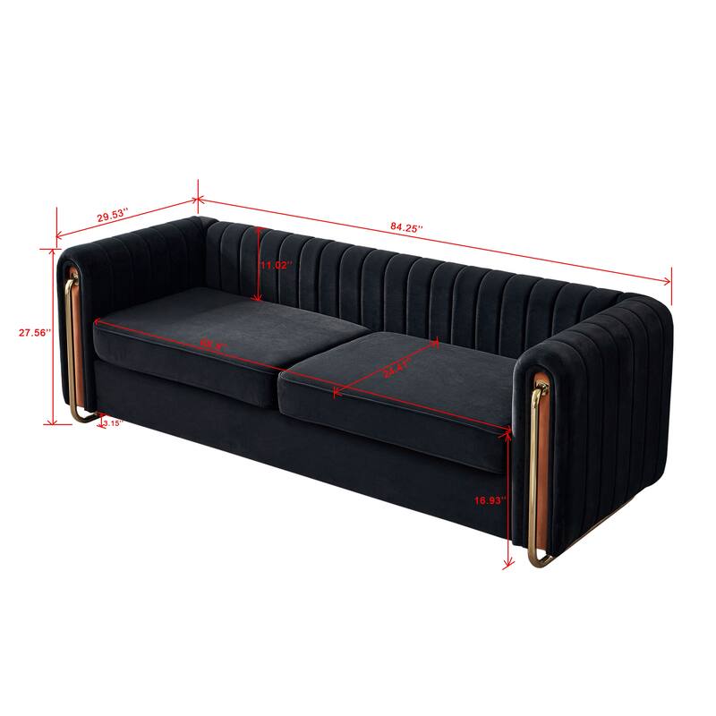 Modern Velvet Sofa with Channel Tufting & Gold Steel Legs - 3 Seater Couch