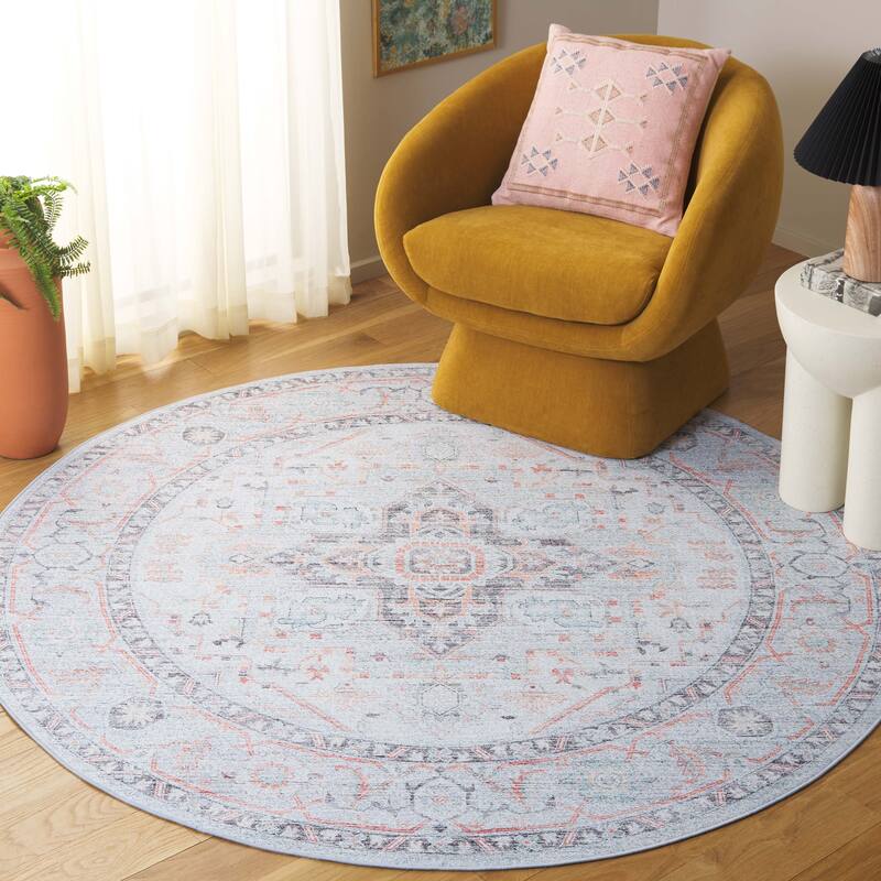 SAFAVIEH Tucson Ava Machine Washable Slip Resistant Shabby Chic - 8' x 8' Round - Light Grey/Light Green