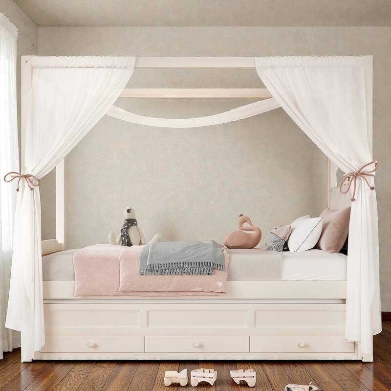 Princess Canopy Platform Bed with Upholstered Headboard, Trundle and 3 Drawers, Kids House Bed Frame with Storage