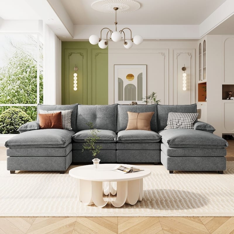 Modern Chenille U-shaped Sectional Sofa with Adjustable Armrest Pillows for Living Room - Grey