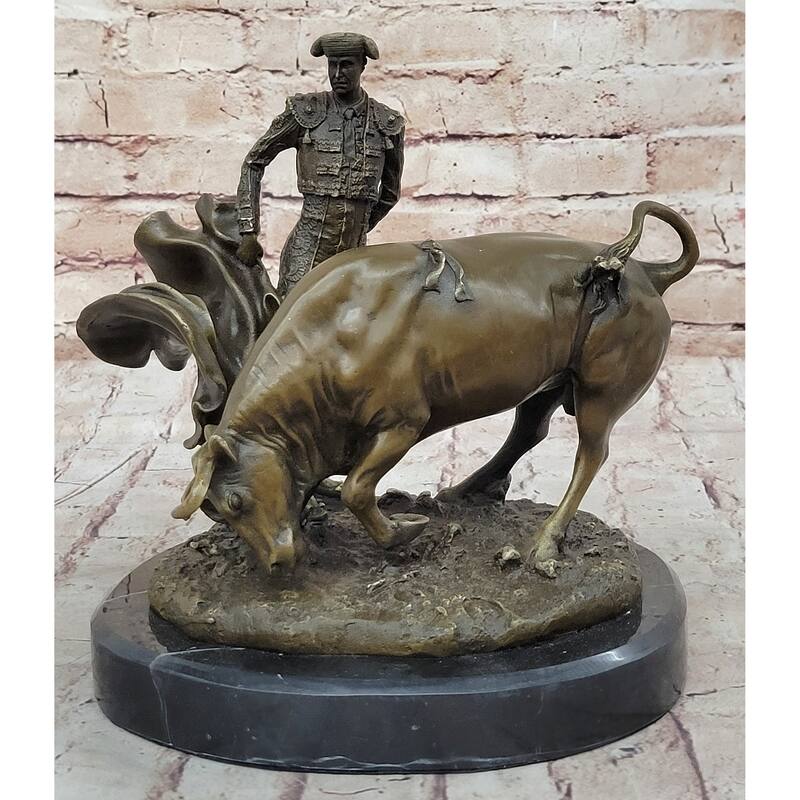 Spanish Matador W/ Imitative Bull - Signed Original Bronze Metal Sculpture Statue