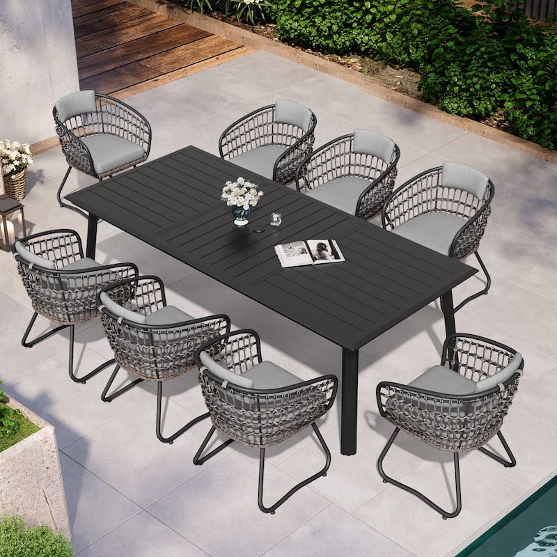 Patio Outdoor Aluminum Dining Table Sets with Umbrella Hole with Rattan Chair - Table-Black&Chair-Grey