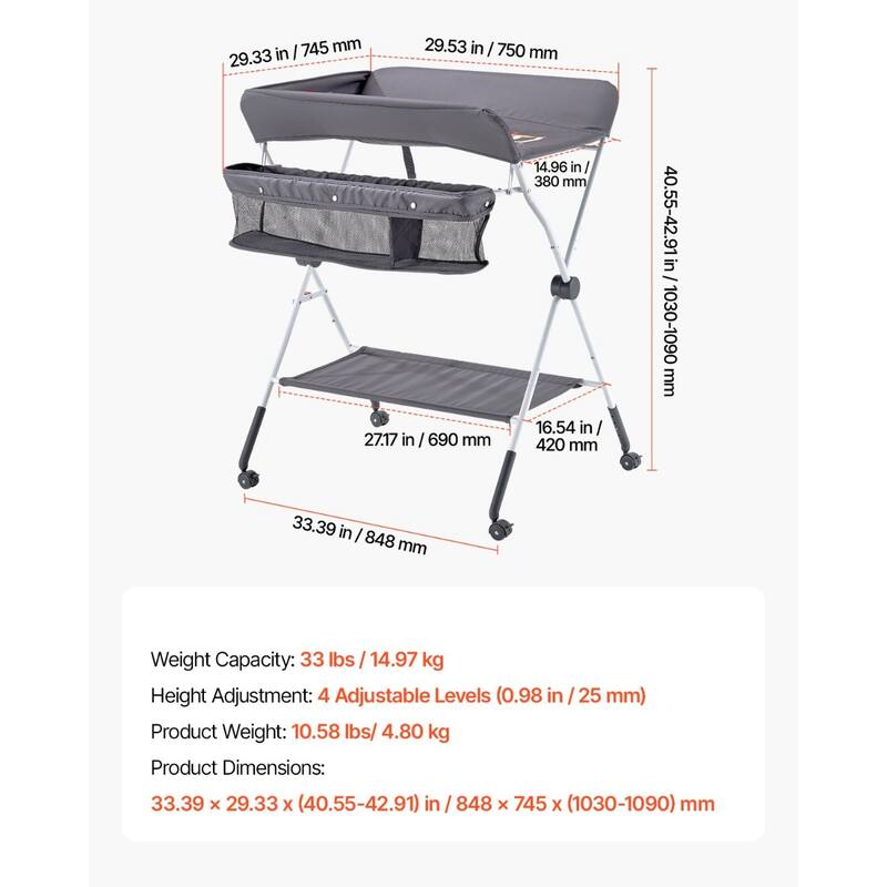 Oxford Fabric Kids Changing Table with Adjustable Height and Storage - 33.39 x 29.33 x (40.55-42.91) in