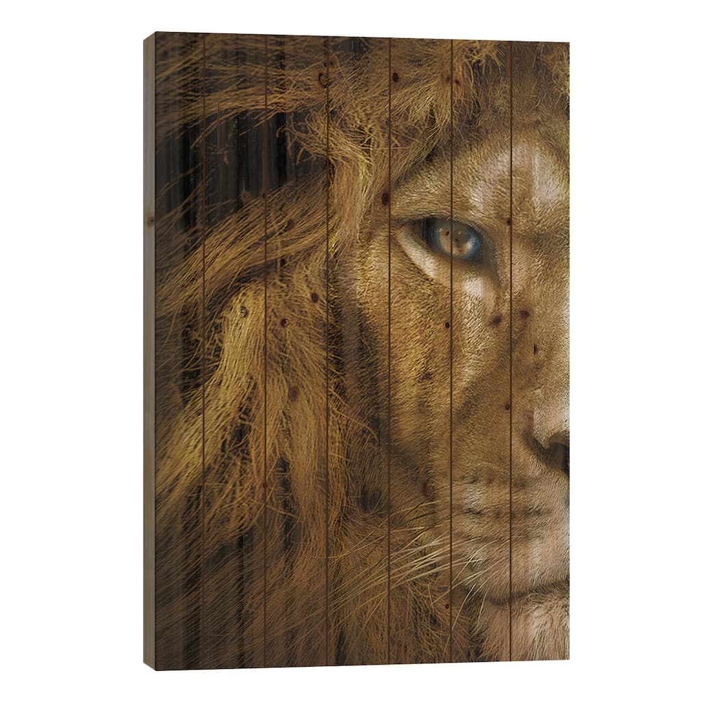 Lion With Blue Eyes Half Face Print On Wood by Adrian Vieriu - Multi-Color