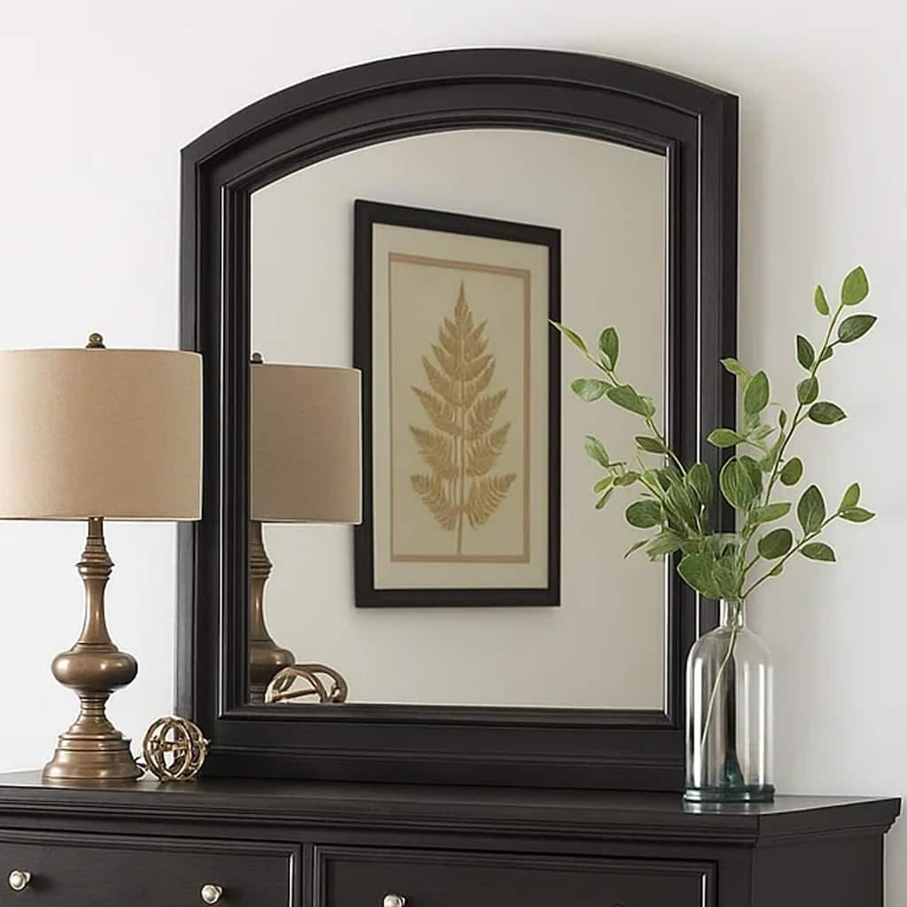 Traditional Style Wooden Frame Dresser Mirror with Curved Top, Black
