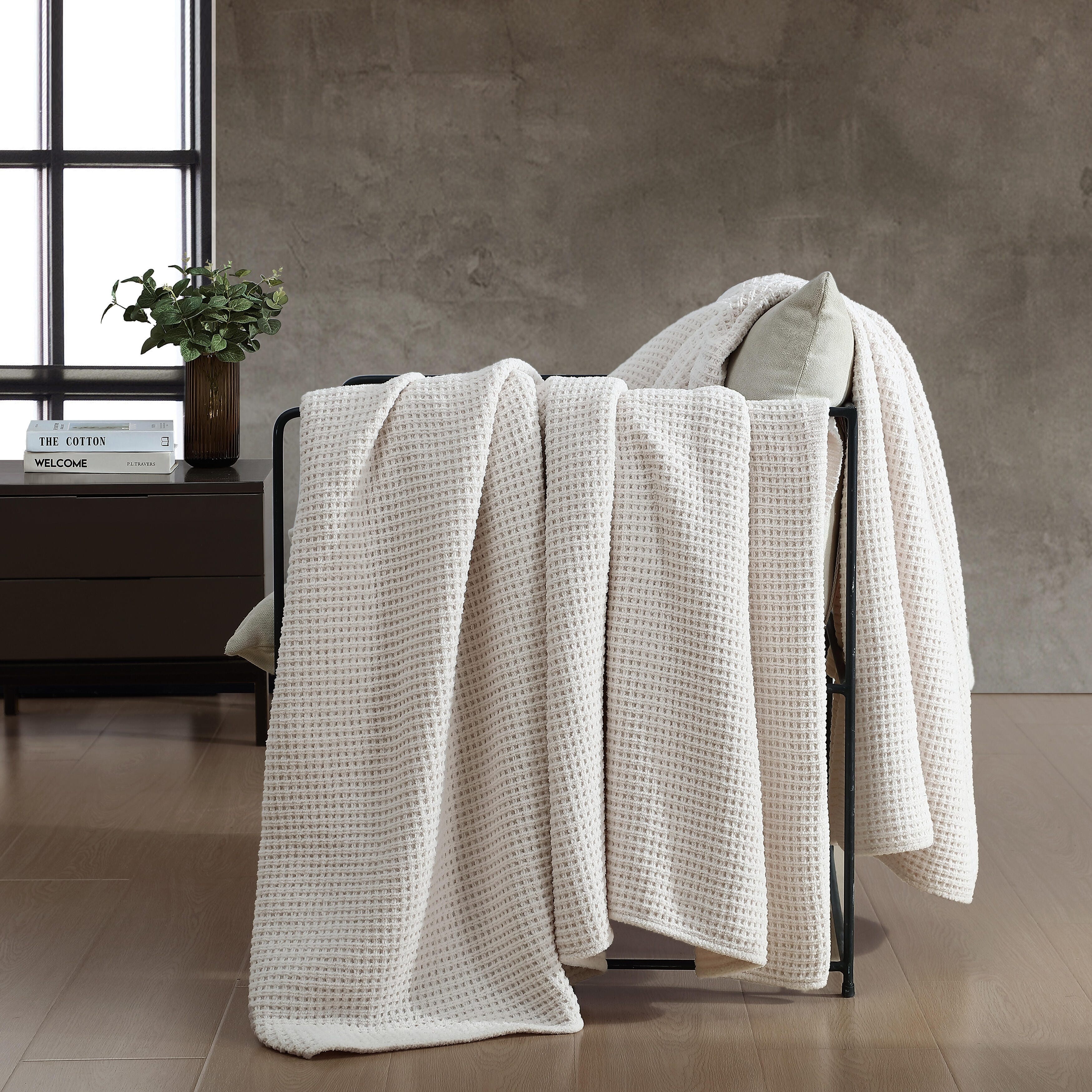 Vera Wang Waffle Chenille Solid Ivory Blanket Twin