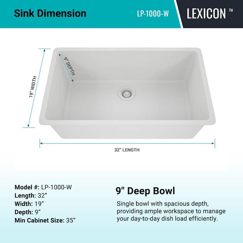 Lexicon Drop-In Quartz 32 Inch Single Bowl Kitchen Sink Kit