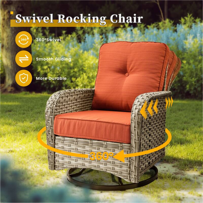 HOOOWOOO 8-piece Patio Wicker Rattan Swivel Rocking Chair Set with Solar-powered Table