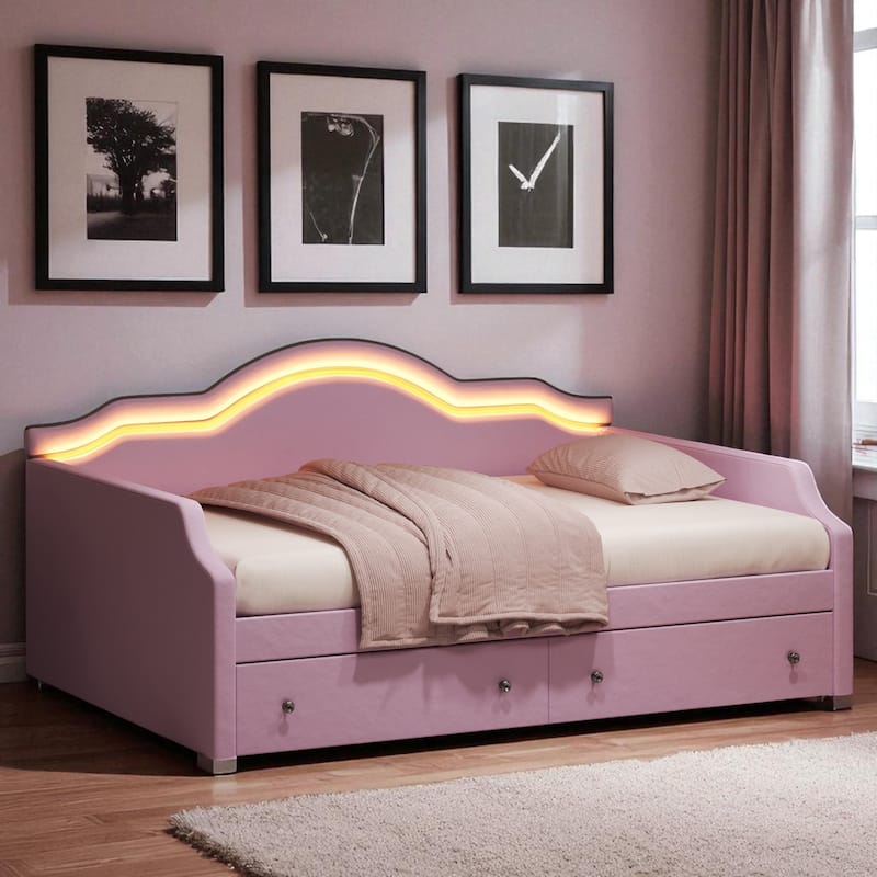 Twin/Full Size Upholstered Daybed with LED Lights, 2 Storage Drawers, Velvet Frame, No Box Spring Required - Pink - Full