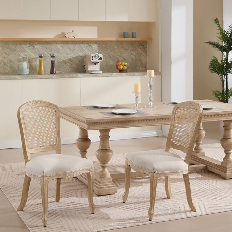 Dining Chairs Set of 2,Upholstered Chairs with Nature Rattan Fan-shaped Back,Wire Drawing And Carving Techniques,Disassemblable