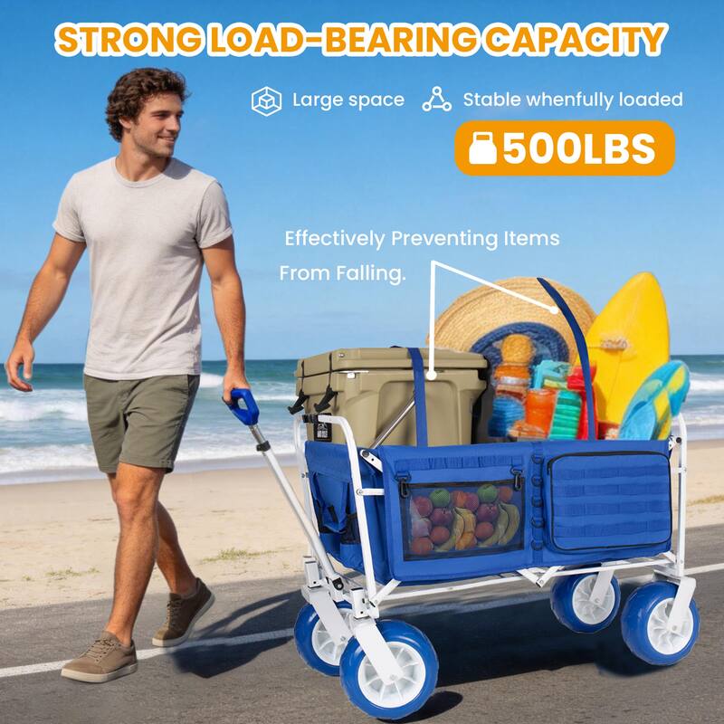 Beach Wagon Cart, 500lbs Heavy Duty Collapsible Folding Wagon, Oversized 150L, 9" PVC All-Terrain Wheels, Adjustable Handle