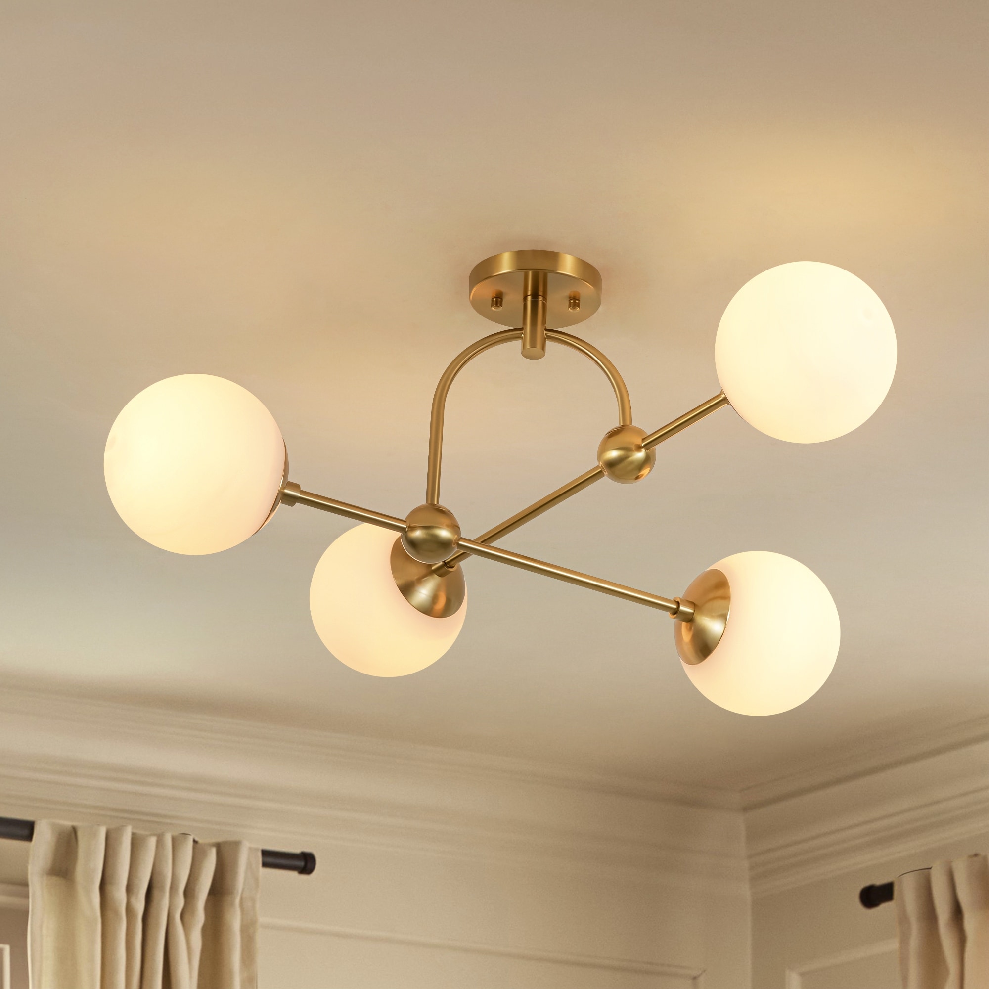 Rennnsan 4-Light Modern Gold Linear Frosted Glass Globe Semi Flush Mount Ceiling Light - 27.8 in. L x 27.8 in. W x 13.0 in. H