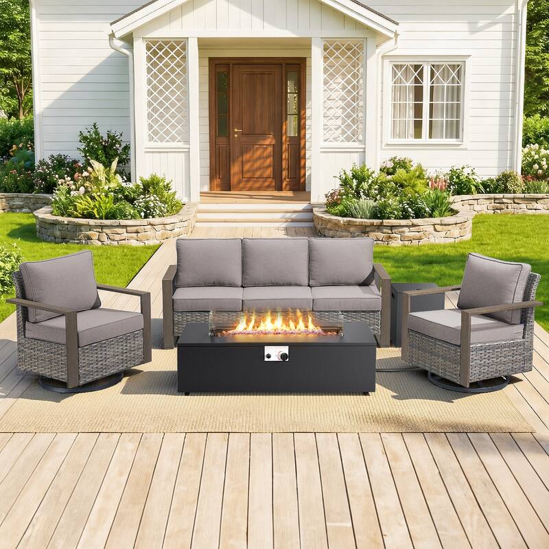 Pocassy 43 In Fire Pit w/ Outdoor Sofa Swivel Chair Ottoman Set - Gray Wicker Gray Cushion - 4PCS Fire Table w/ 4-In Cushion Sofa Swivel Chair