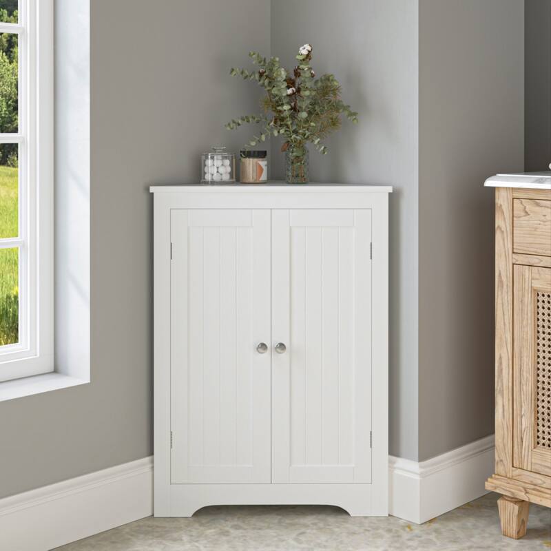 Floor Corner Cabinet with 2 Doors and Adjustable Shelves,Freestanding Narrow Cabinet Organizer,Corner Storage Cabinets - White