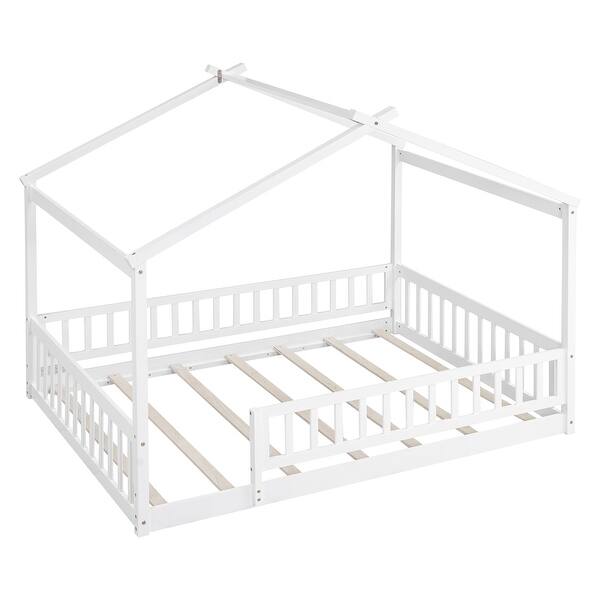 slide 2 of 9, Full Size Wood Floor Bed Frame,Pine Wood House Bed with Roof and Fence, for Kids, Boys or Girls,White White - Full