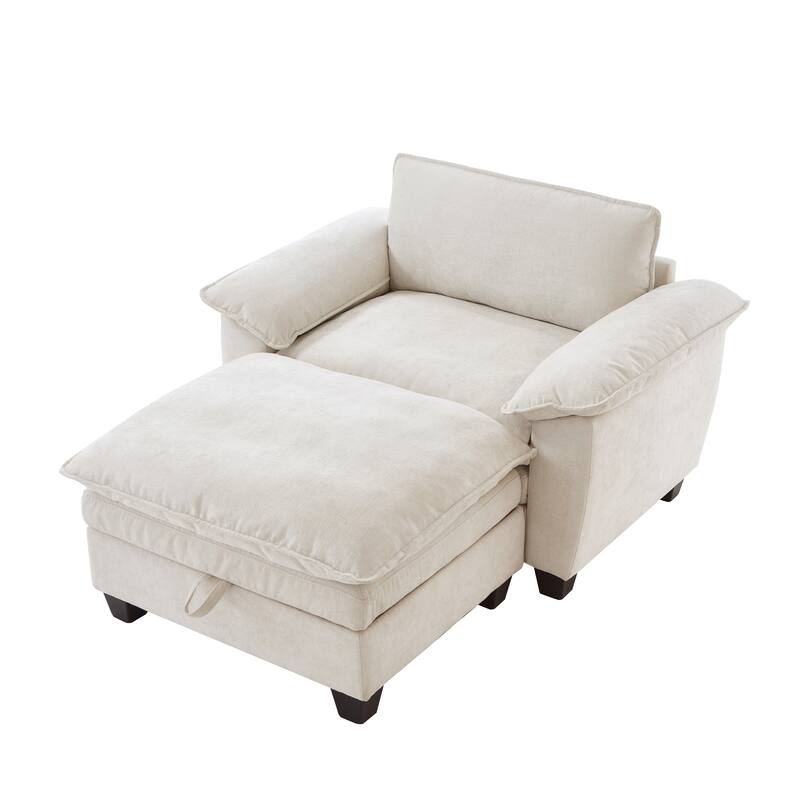 Cloud Lazy Chaise Lounge, Single Sofa Chair & Storage Ottoman Set of 2, Oversize Chenille Upholstered Lounge Sleeper Sofa