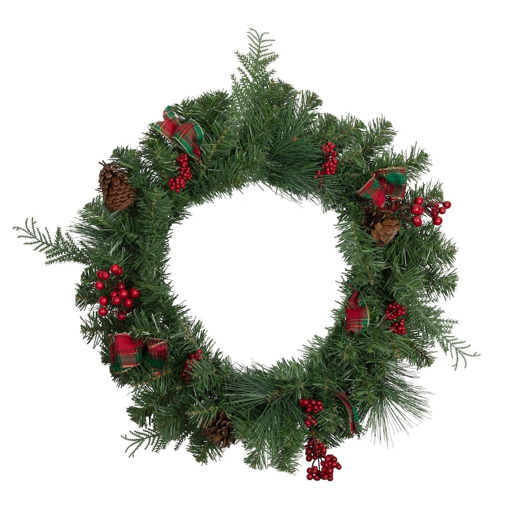 Pine Cones Berries Artificial Christmas Wreath with Ribbon, 24", Unlit