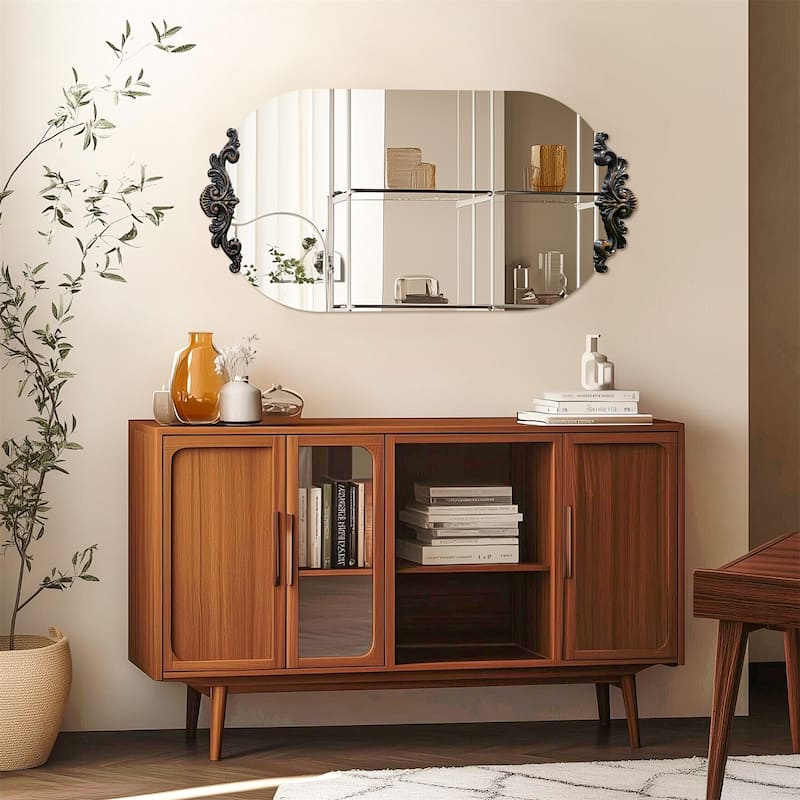 Long Oval Antique Wall Mirror Baroque Vanity Bathroom Mirror with Embossed Pattern - 24x48"
