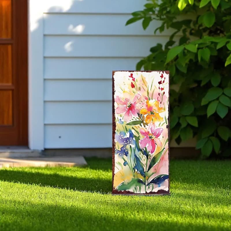 HomeRoots 10" Pink Purple White And Yellow Solid Wood Wildflowers Garden Stake - White/Purple/Pink - Wood