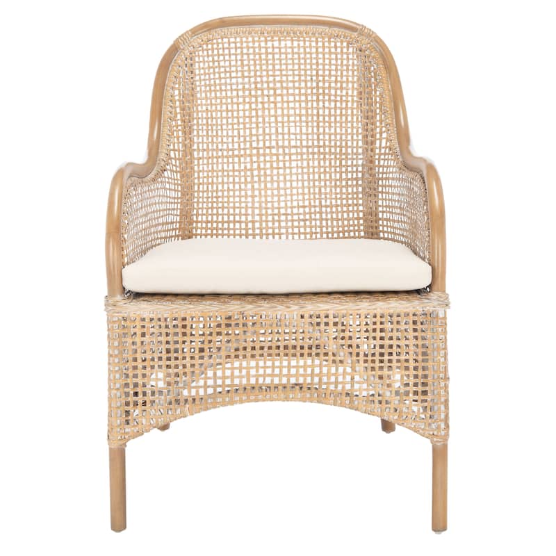 SAFAVIEH Rosalia Coastal Rattan Accent Chair with Cushion - 23.4" W x 24.8" L x 32.7" H - 23Wx25Dx33H - Grey White Wash/ White