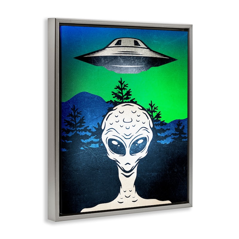 Stupell Alien and UFO Scene Framed Floater Canvas Wall Art Design By Kim Allen
