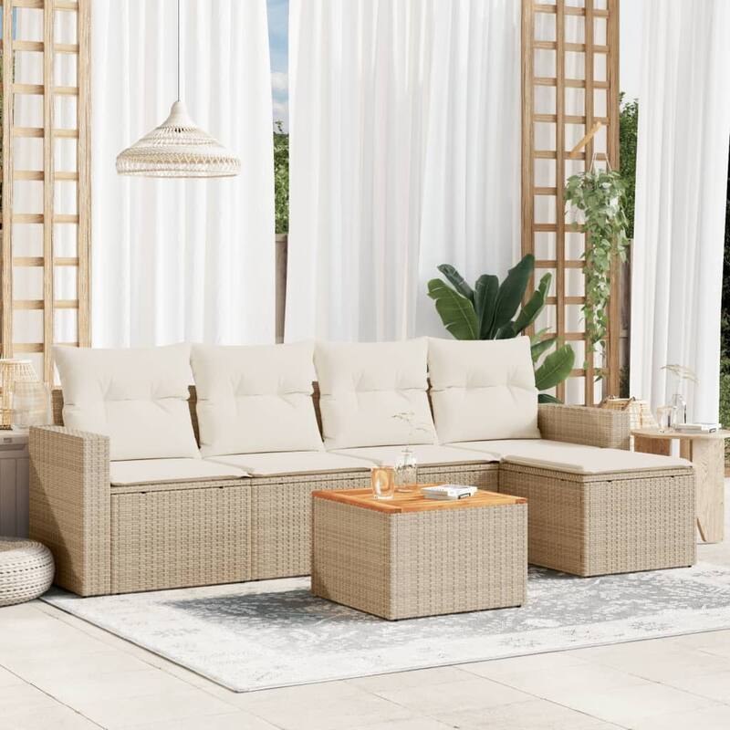 vidaXL Patio Sofa Set with Cushions Outdoor Furniture 6 Piece Poly Rattan - 25.8 x 24.4 x 27.2 - Beige and Cream