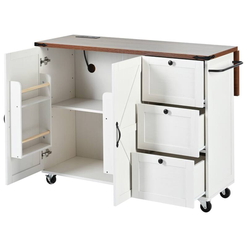 Farmhouse Kitchen Island with Power Outlet and Rolling Cart
