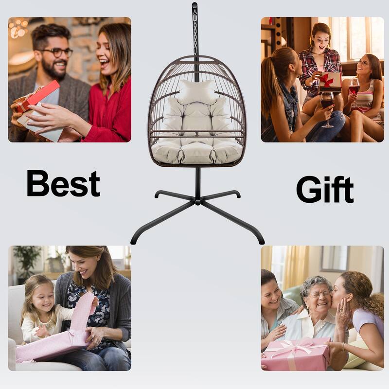 Swing Egg Chair with Cushion and Pillow, Indoor Outdoor Wicker Rattan Patio Basket Hanging Chair with Metal Stand