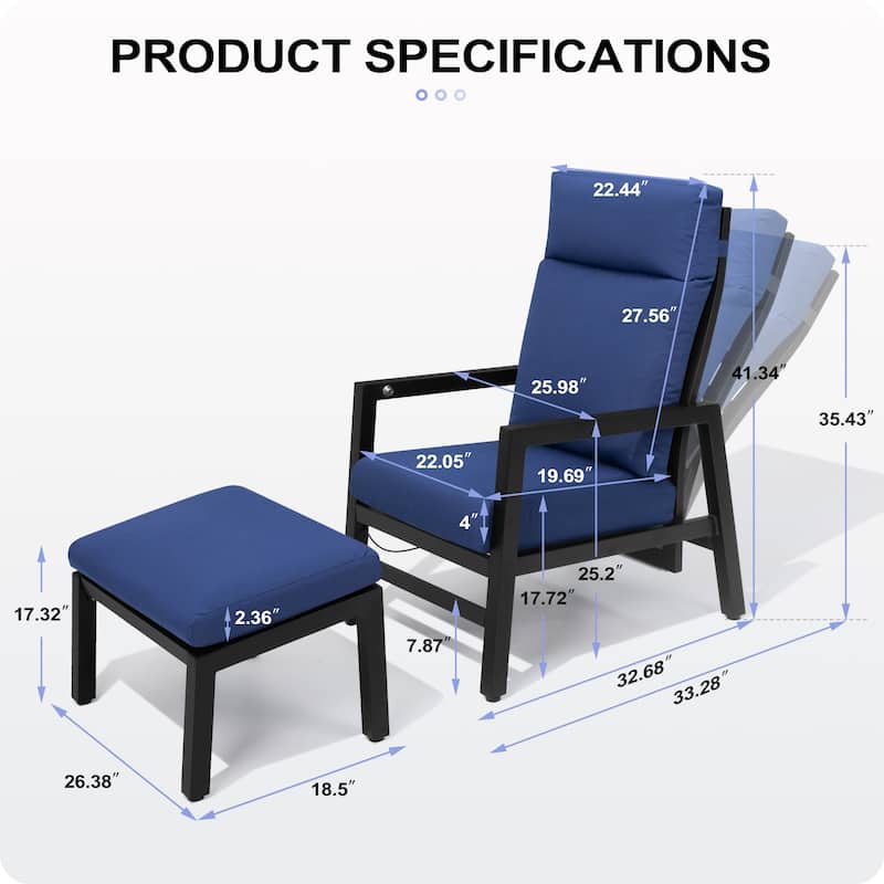 Aluminum Adjustable Back Patio Lounge Chairs and Ottoman with Cushion for Outdoor Indoor - See Picture