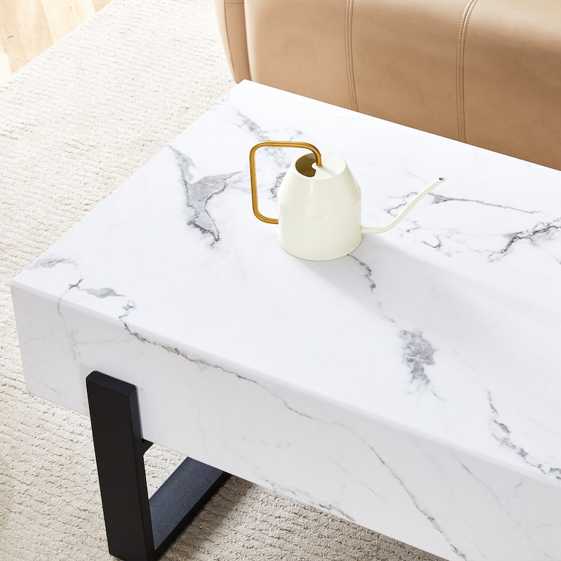 White Marble Texture Sticker Mdf Coffee Table：White Texture Sticker,Black Metal Leg Spray Coating