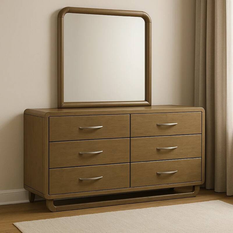 Deon Wide Dresser with Mirror, 6 Drawers, Brown Wood, Matte Nickel