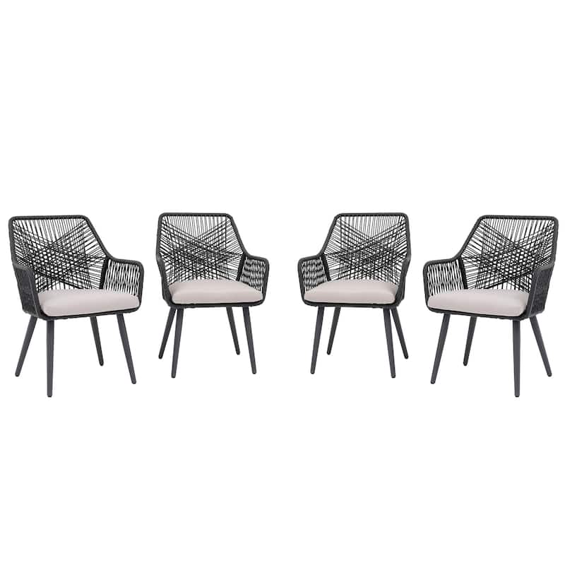 Outdoor Patio Woven Rope Dining Chairs With Armrest and Seat Cushions
