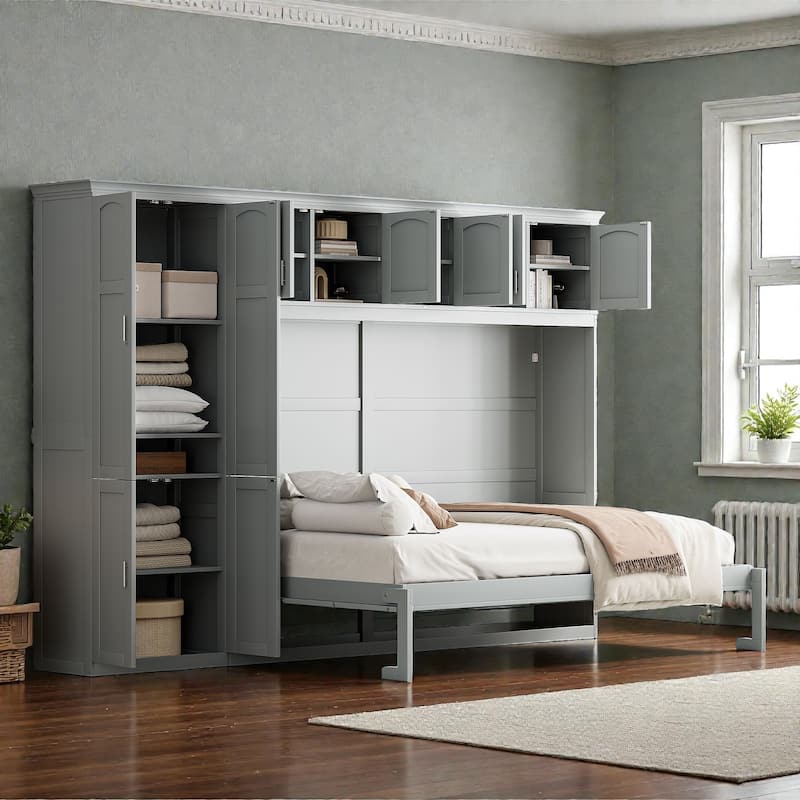 Queen Size Murphy Wall Bed with Cabinets, Wardrobe, Drawers & Storage Shelf, Space-Saving Folding Bed System