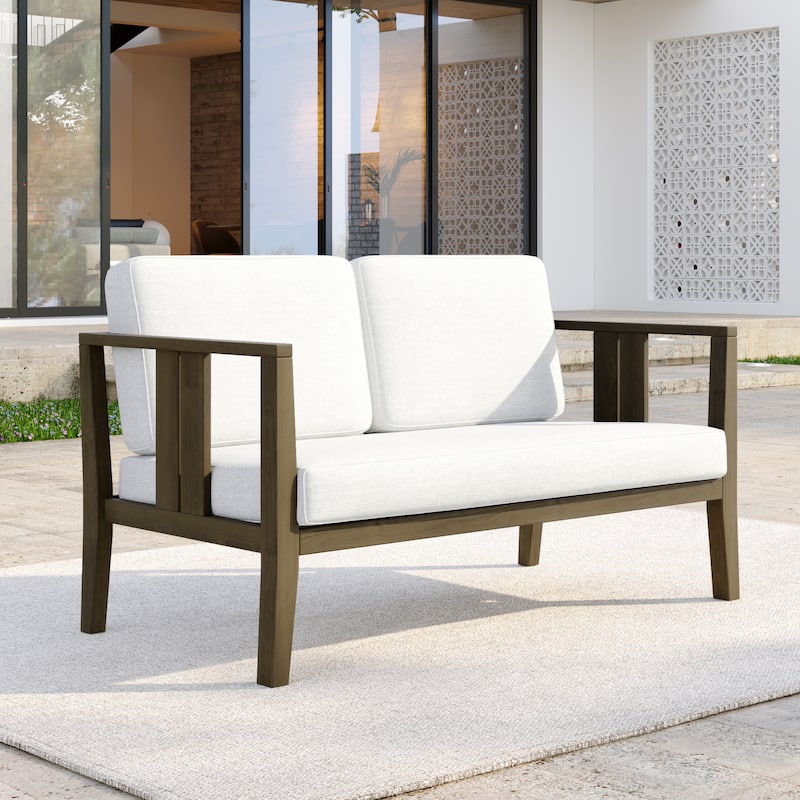 Casual Teak Wood Outdoor Patio Loveseat with Cushions - Natural Wood - Beige