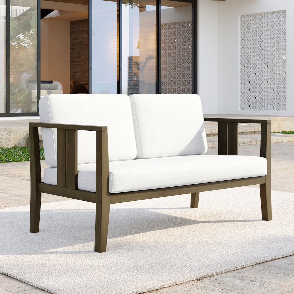 Casual Teak Wood Outdoor Patio Loveseat with Cushions