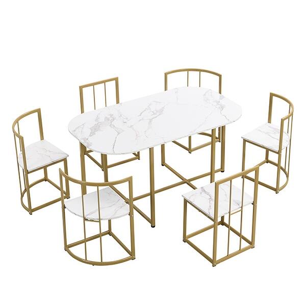 7-Piece Compact Dining Set with Faux Marble Top - 55Inch Kitchen Table ...