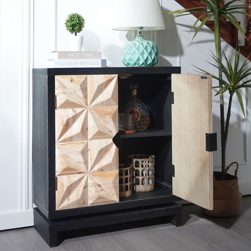 Roomfitters 3D Geometric Carved Double-Door Cabinet, Modern Black and Natural Wood Storage Sideboard