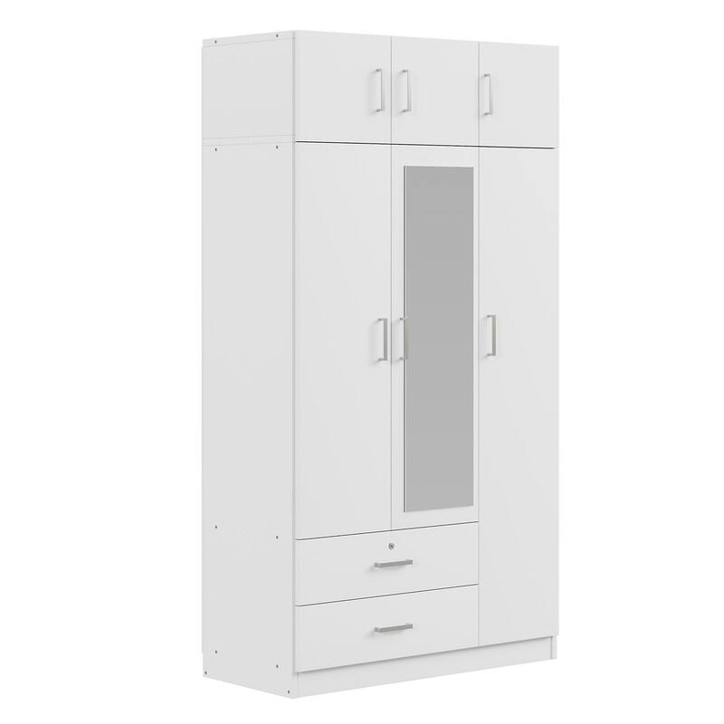 3 Door Wardrobe Closet with Mirror & Top Cabinet, Bedroom Armoire w/ 2 Drawers & Shelves, Modern Storage Cabinet w/ Hanging Rod