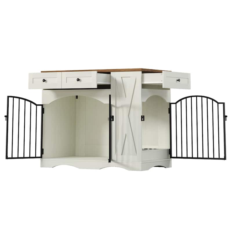 Anmytek Farmhouse Dog Crate with Storage Drawers and Feeding Bowls - Rustic Pet Kennel for Living Room