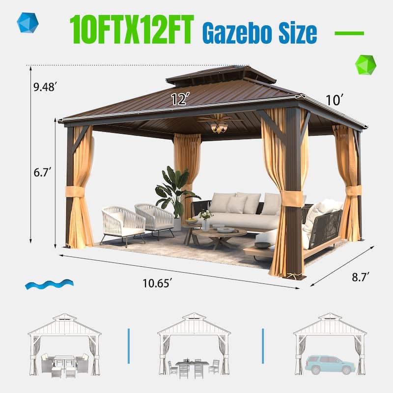Outdoor Hardtop Gazebo w Galvanized Steel Double Roof & Aluminum Frame, 10'x12' Pergola with Premium Curtains and Nettings