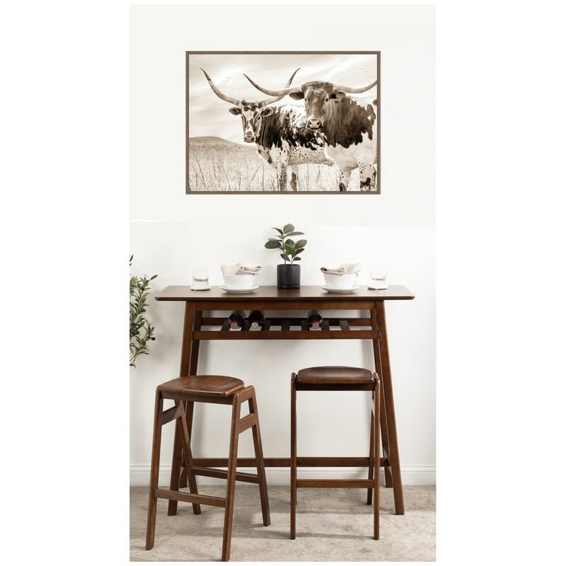 Kate and Laurel Sepia Texas Longhorn Cattle in Pasture by The Creative Bunch Studio Framed Canvas Wall Art Print