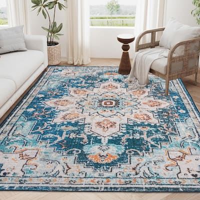Area Rug 6x9 Vintage Bohemia Large Persian Non-slip Washable Rug For Living Room Kitchen Bedroom Flower Design Blue/Gold
