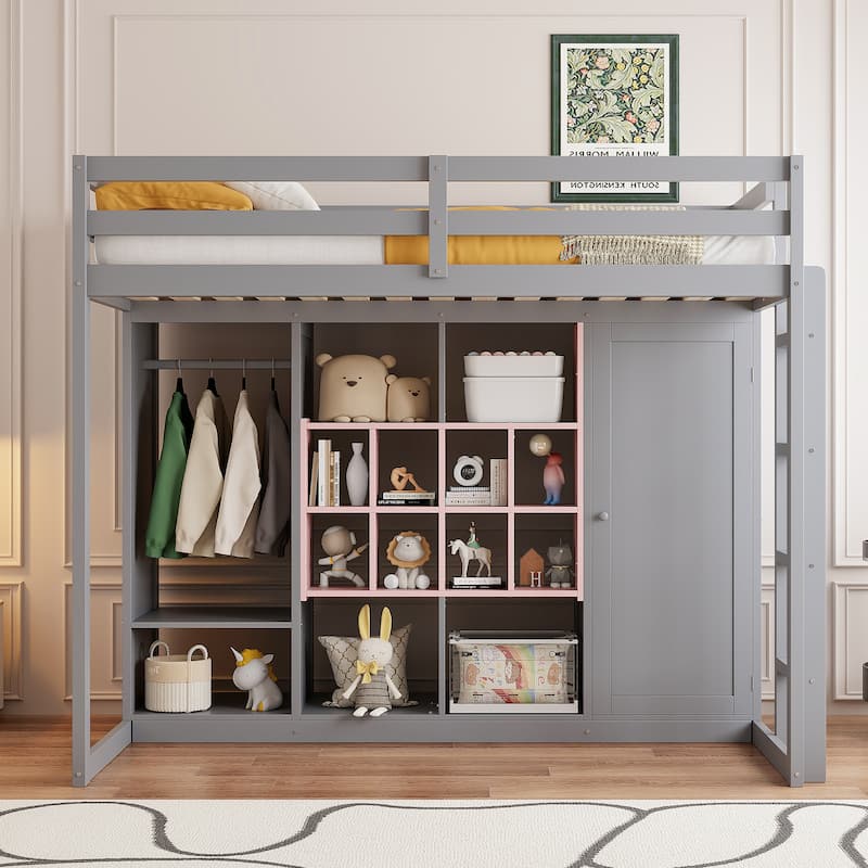 Twin Size Wood Loft Bed with Wardrobe, Shelves, and Cabinet in Gray and Pink