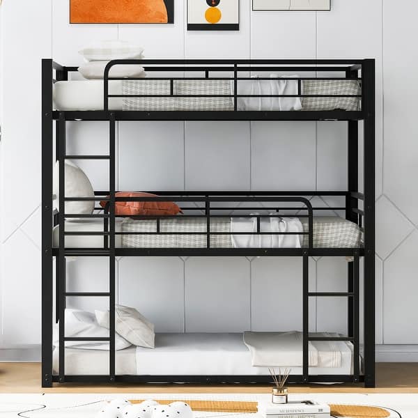 slide 2 of 8, Metal Twin Size Triple Bunk Bed with Guard Rails, Black Black