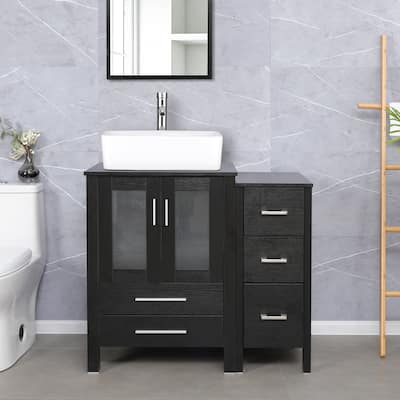 eclife 36" Bathroom Vanity Black Set with Side Cabinet Vessel Sink Faucet Combo