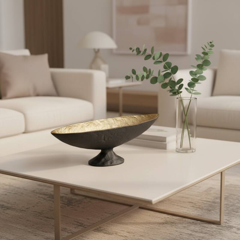 HomeRoots 14" Black And Gold Aluminum Oval Pedestal Centerpiece Bowl - 13.60 in. x 4.70 in. x 4.30 in. - Gold/Black - 13.60 in. x 4.70 in.  x 4.30 in. - 1 Piece