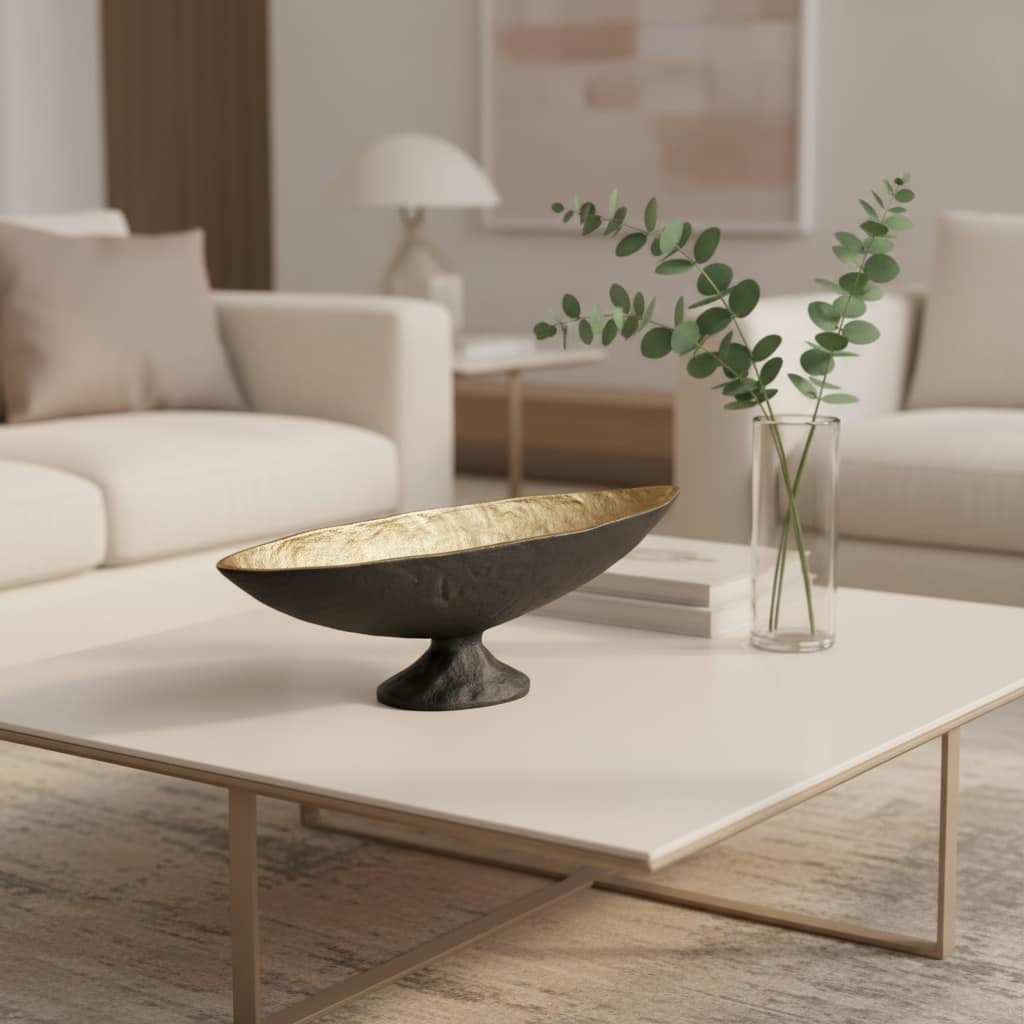 HomeRoots 14" Black And Gold Aluminum Oval Pedestal Centerpiece Bowl - 13.60 in. x 4.70 in. x 4.30 in.