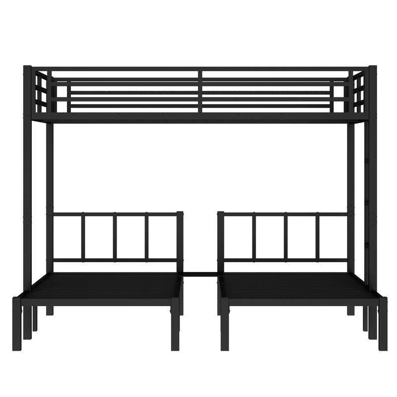 Space-Saving Metal Triple Bunk Bed with Safety Guardrails, Twin over Twin & Queen, Noise Reduced, Black