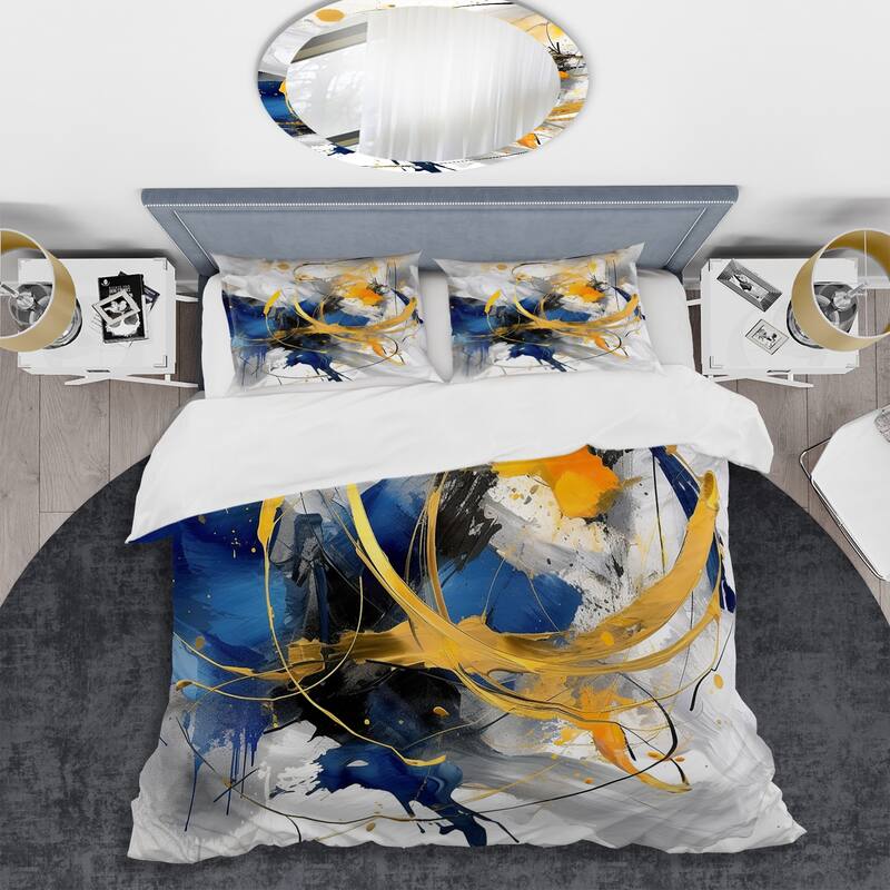 Designart "Dark Blue and Gold Strokes XIV" Blue Modern - Bedding Cover Set With Shams