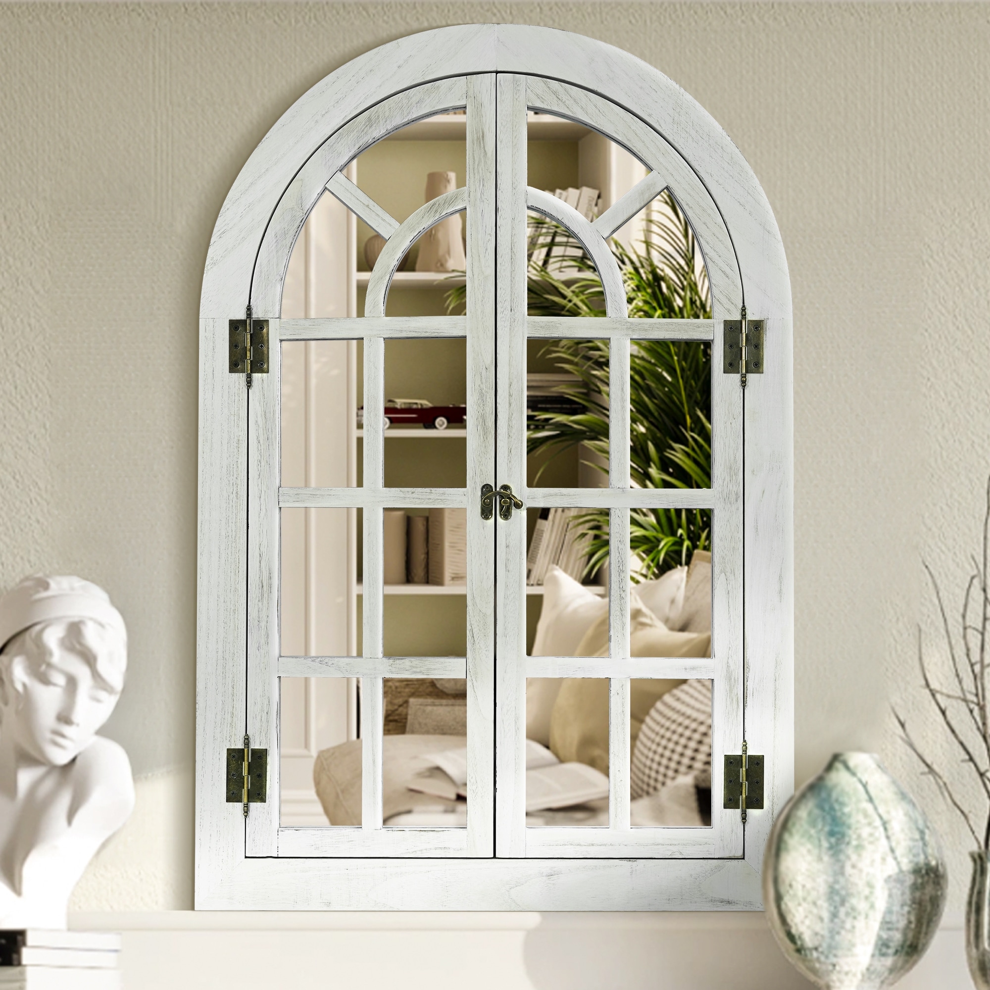 Vintage Wood Windowpane Arched Wall Mirror - On Sale - Bed Bath